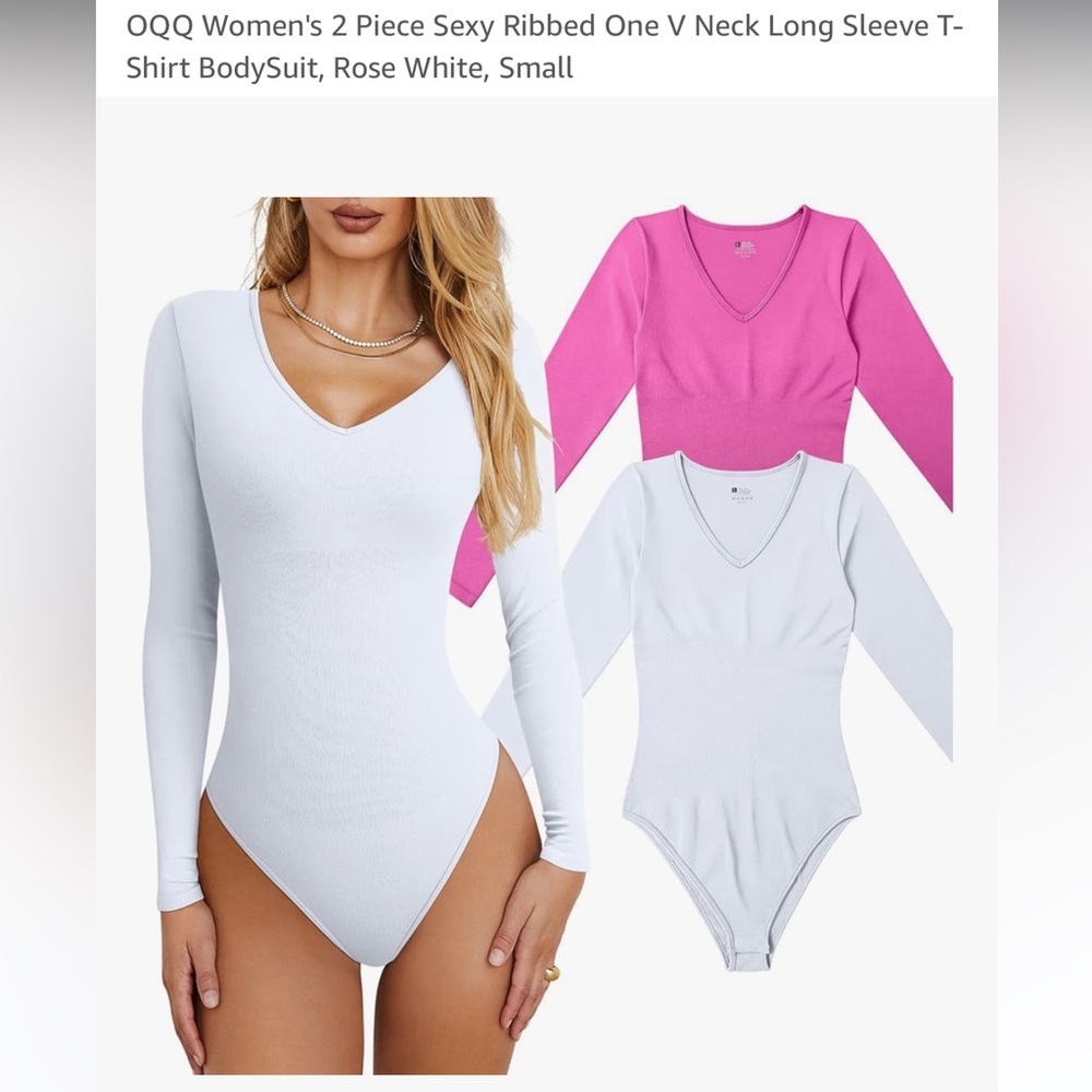 OQQ White and Hot Pink V-Neck Bodysuit
